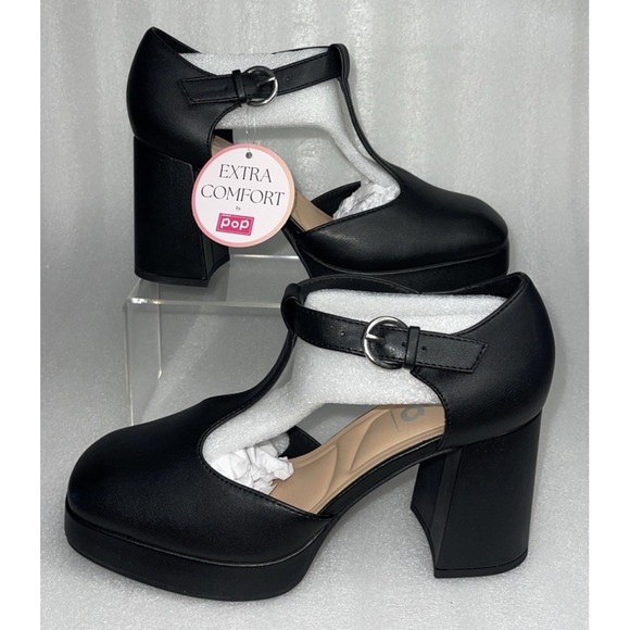 POP Worthy Black Mary Jane Chunky Platform Heeled Retro Shoe Womens Size 8.5 NEW - Picture 1 of 16
